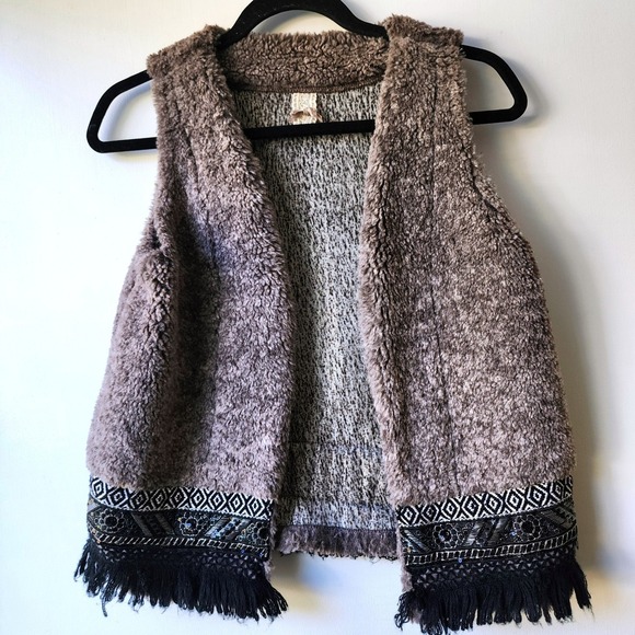 NKN Nekane Jackets & Blazers - NKN Nekane Barcelona Boho Faux Fur Fringe Sequin Vest Taupe Brown Bohemian Women